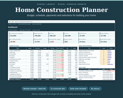 Home Construction Planner: Budget, Schedule, Payments & Selections (Excel + Google Sheets)